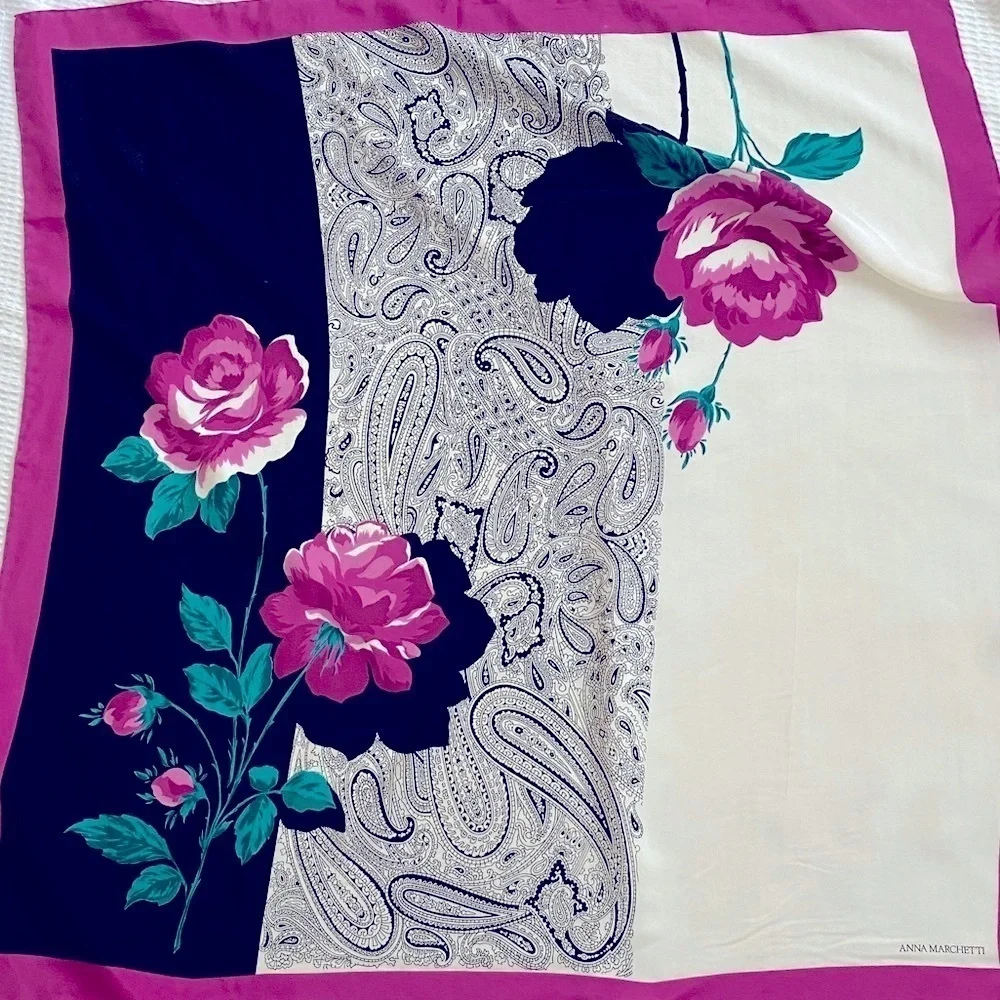 Anna Marchetti Silk Floral Scarf Black Cream Purple